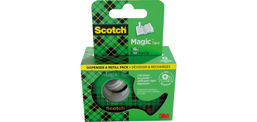 Scotch Magic Tape ruban adhésif ft 19 mm x 7,5 m, dérouleur + 3 rouleaux, boîte brochable