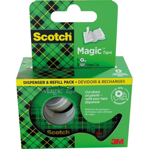 Scotch Magic Tape plakband ft 19 mm x 7,5 m, dispenser + 3 rolletjes, ophangbaar doosje