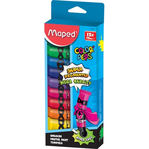 Maped Color'Peps gouache, tubes de 12 ml,  boîte distributrice avec 12 tubes en couleurs assorties
