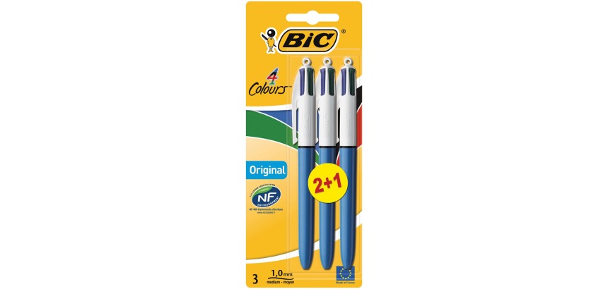 Bic 4 Colours Original stylo bille 4 couleurs, moyen, 4 couleurs d'encre classique, corps bleu, sous blis