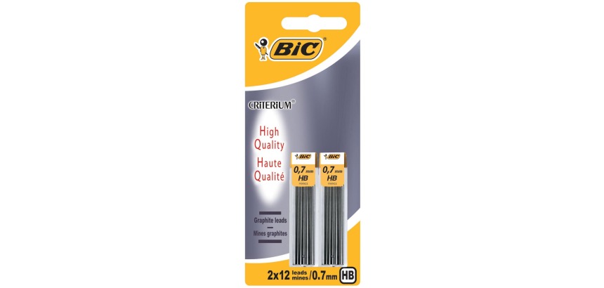 Bic criterium mines, 0,7 mm, HB, blister de 2 etuis de 12 pièces