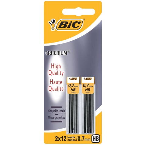 Bic criterium mines, 0,7 mm, HB, blister de 2 etuis de 12 pièces