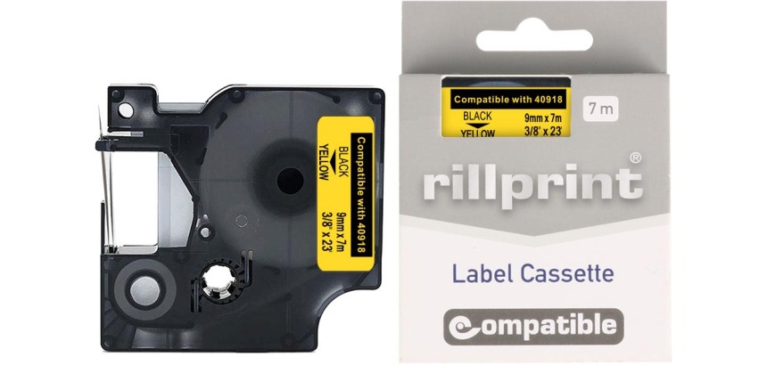 Rillprint D1 compatible ribbon for Dymo 40918, 9 mm, black on yellow