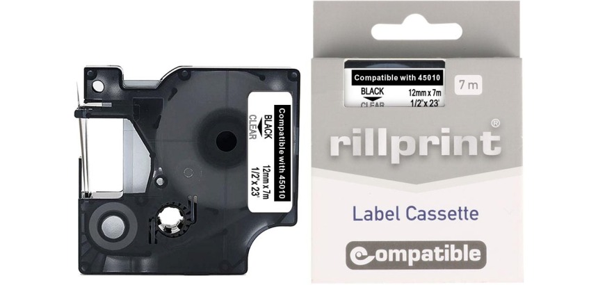 Rillprint compatible D1 tape voor Dymo 45010, 12 mm, zwart op transparant
