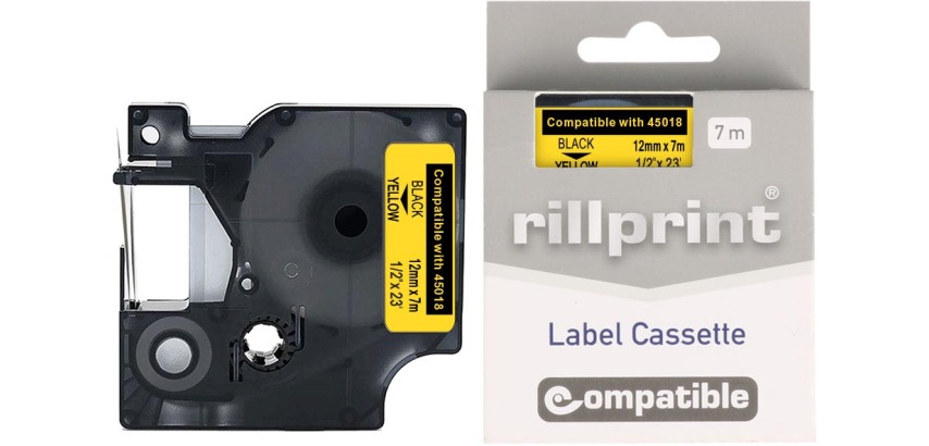 Rillprint compatible D1 tape voor Dymo 45018, 12 mm, zwart op geel