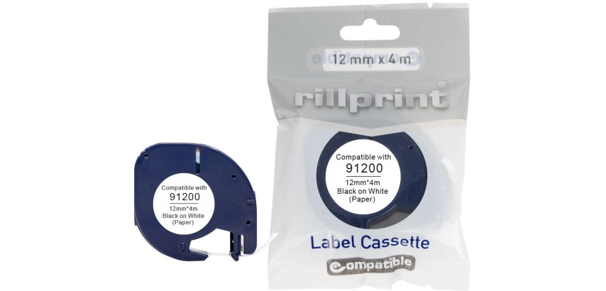 Rillprint compatible LetraTAG tape voor Dymo 91200, 12 mm, papier, wit
