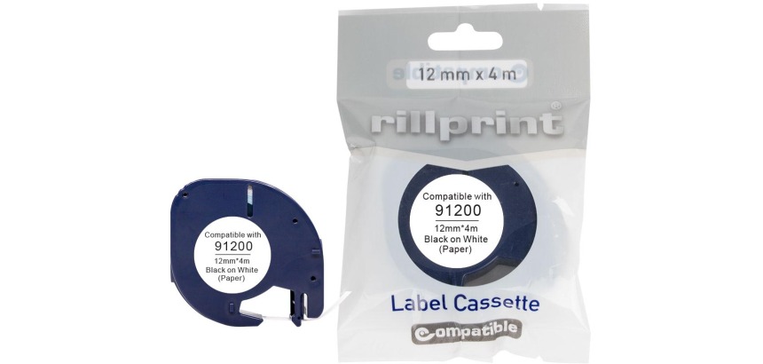 Rillprint ruban LetraTAG comaptible pour Dymo 91200, 12 mm, papier, blanc