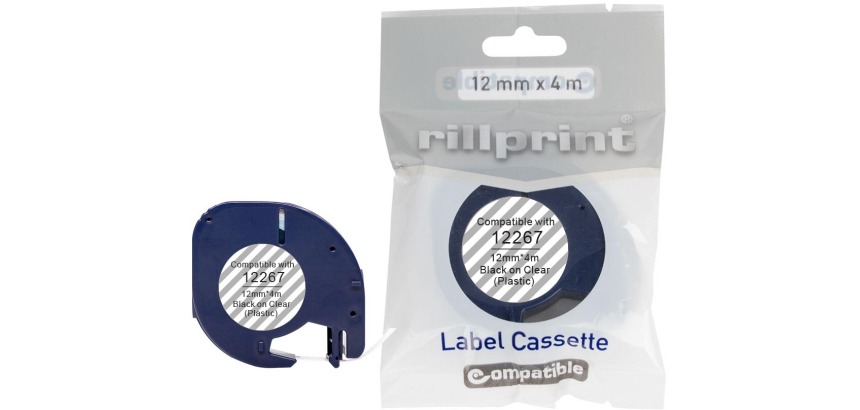 Rillprint ruban LetraTAG comaptible pour Dymo 12267, 12 mm, plastique, transparent