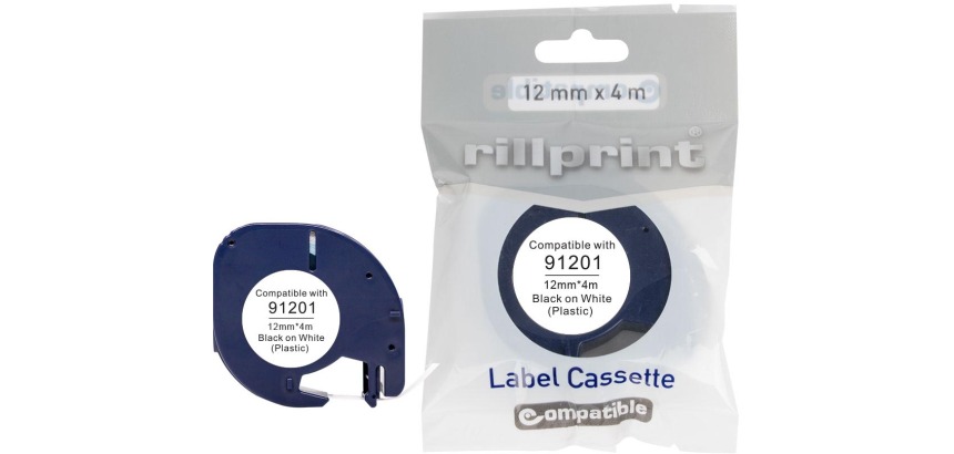 Rillprint ruban LetraTAG comaptible pour Dymo 91201, 12 mm, plastique, blanc