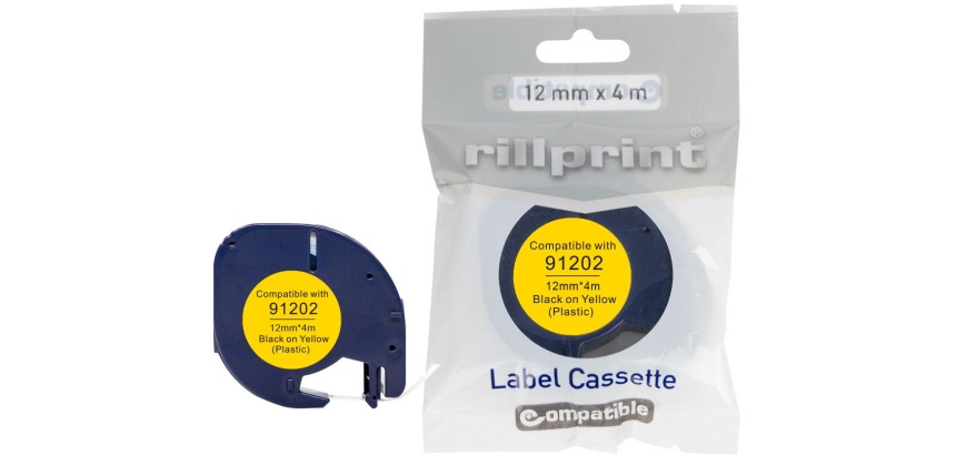 Rillprint ruban LetraTAG comaptible pour Dymo 91202, 12 mm, plastique, jaune