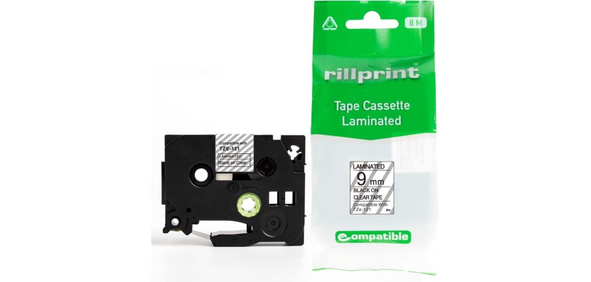 Rillprint compatible TZe tape voor Brother TZe-121, 9 mm, zwart op transparant