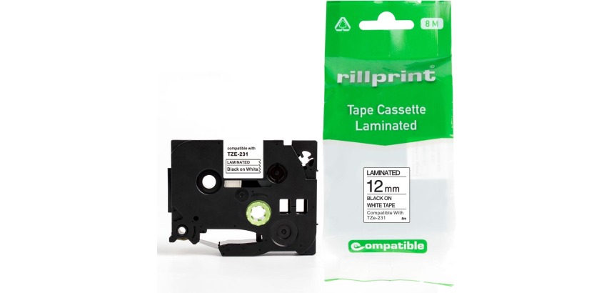 Rillprint compatible TZe tape voor Brother TZe-231, 12 mm, zwart op wit