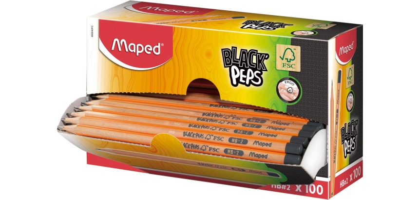 Maped potlood Black'Peps HB, zonder gum, kartonnen displaydoos van 100 stuks