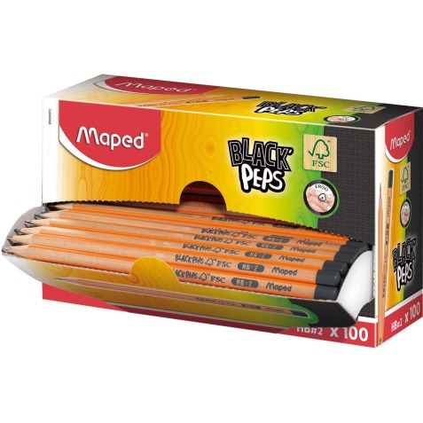 Maped potlood Black'Peps HB, zonder gum, kartonnen displaydoos van 100 stuks