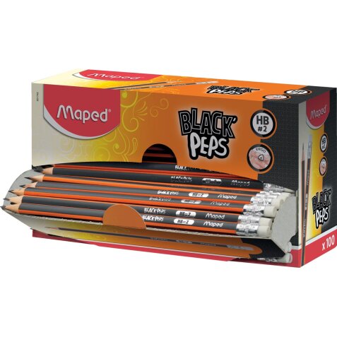 Maped crayon Black'Peps HB, avec gomme, boîte de présentoir cartonné de 100 pièces