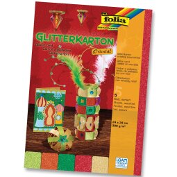 Folia Glitterkarton Oriental (geel, oranje, rood, helgroen en donkergroen)