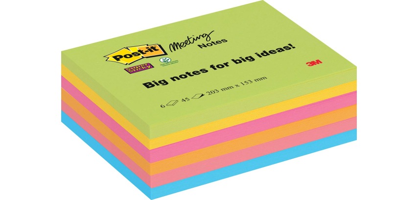 Post-it Super Sticky Meeting notes, 45 sheets, 203 x 153 mm, assorted colors, pack of 6 pads