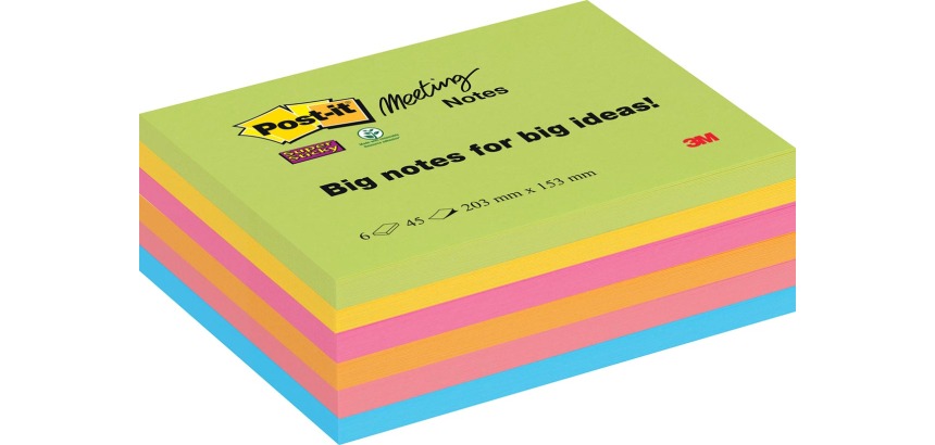 Post-it Super Sticky Meeting Notes, 45 Blatt, 203 x 153 mm, sortierte Farben, Packung mit 6 Blöcken