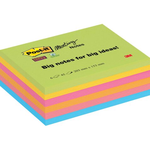 Post-it Super Sticky Meeting notes, 45 vel, ft 203 x 153 mm, geassorteerde kleuren, pak van 6 blokken