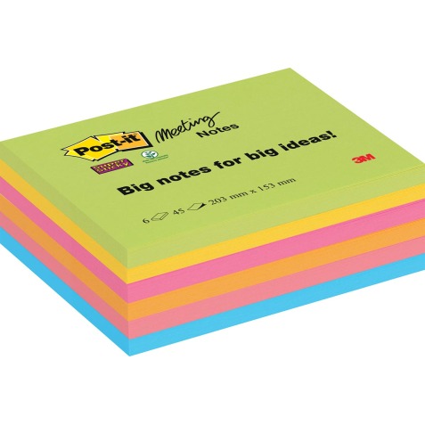 Post-it Super Sticky Meeting notes, 45 vel, ft 203 x 153 mm, geassorteerde kleuren, pak van 6 blokken