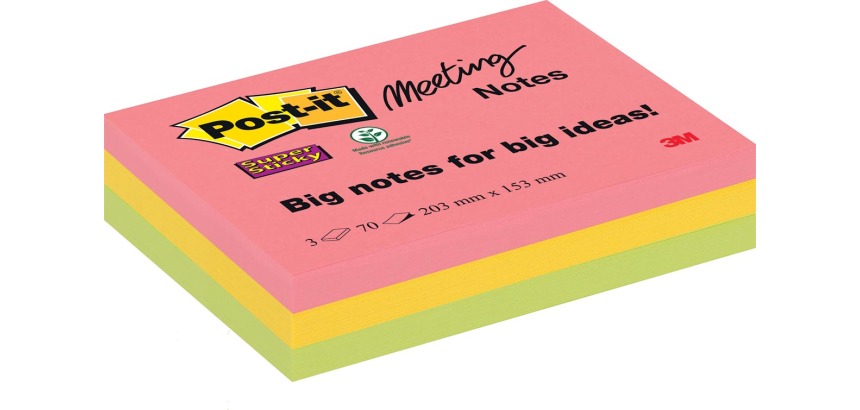 Post-it Super Sticky Meeting notes, 70 feuilles, ft 203 x 153 mm, couleurs assorties, paquet de 3 blocs