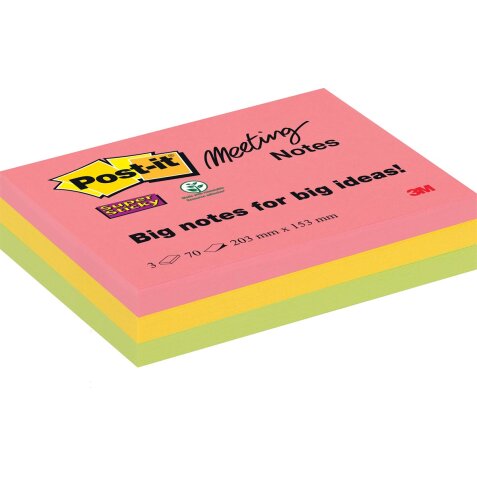 Post-it Super Sticky Meeting notes, 70 feuilles, ft 203 x 153 mm, couleurs assorties, paquet de 3 blocs