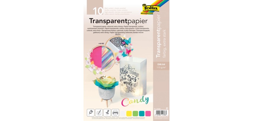 Folia transparent papier, 115 g, ft 21 x 29,7 cm, A4, couleurs assorties, paquet de 10 feuilles