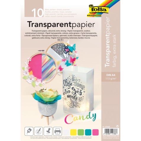 Folia transparant papier, 115 g, ft 21 x 29,7 cm, A4, geassorteerde kleuren, pak van 10 vel