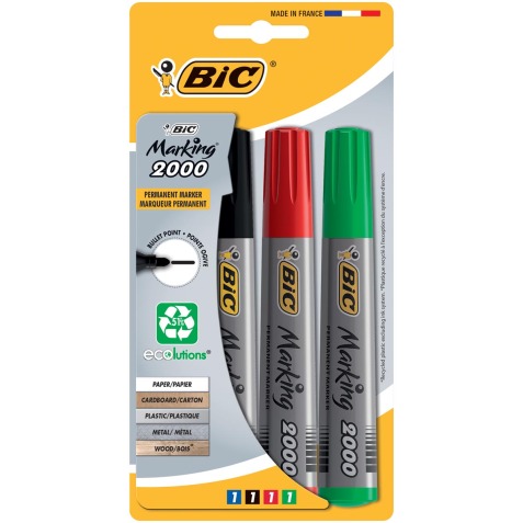 Bic marqueur permanent 2000, boîte de 4 pièces en couleurs assorties