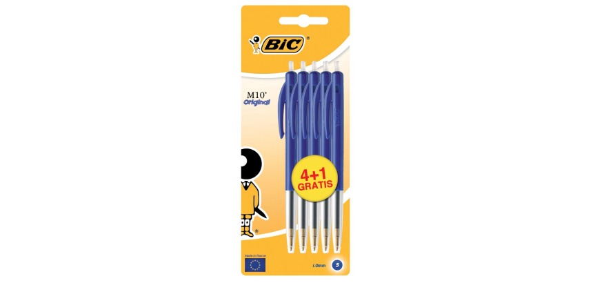 BIC Kugelschreiber M10 Clic Strichstärke 0,4 mm, mittlere Spitze, blau, Blister 4 + 1 gratis