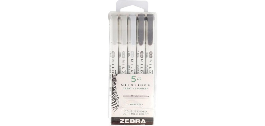 ZEBRA MILDLINER highlighter, dual tip, Grey set, 5-piece case, grey
