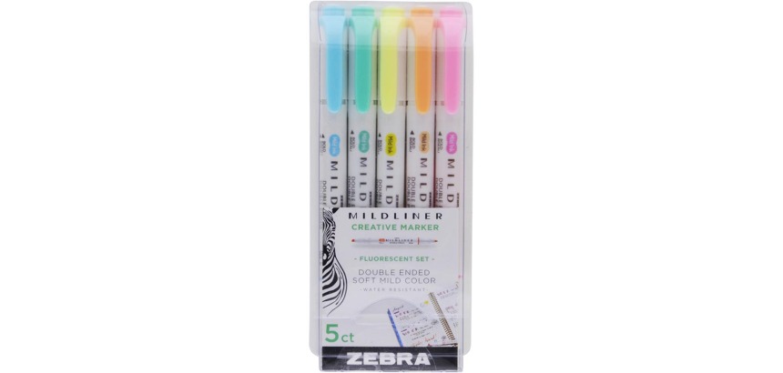 ZEBRA MILDLINER markeerstift, dubbele punt, Fluor, etui van 5 stuks, in geassorteerde kleuren