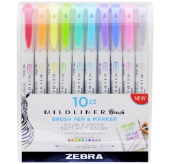 ZEBRA MILDLINER brushpen en fineliner, etui van 10 stuks, in geassorteerde kleuren