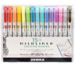 ZEBRA MILDLINER markeerstift, dubbele punt, etui van 15 stuks in geassorteerde kleuren