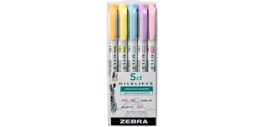 ZEBRA MILDLINER markeerstift, dubbele punt, Gentle, etui van 5 stuks, in geassorteerde kleuren