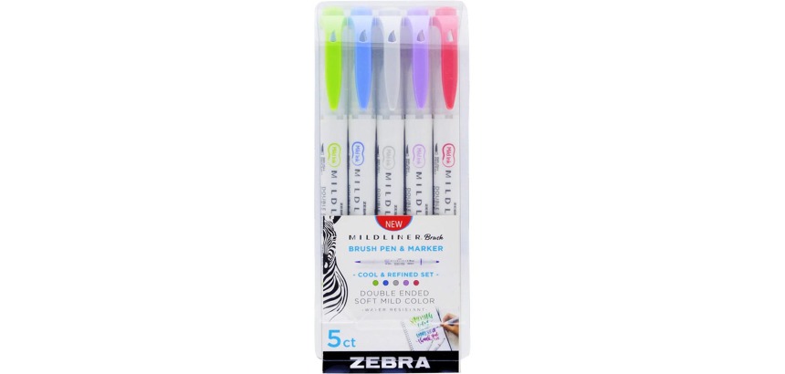 ZEBRA MILDLINER feutre pinceau et fineliner, Cool et Refined, étui de 5 pièces, en couleurs assorties