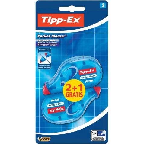 Tipp-Ex dérouleur de correction Pocket Mouse, blister de 2 + 1 gratuit