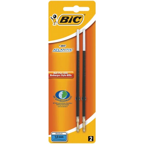 Bic recharges pour stylo bille Atlantis bleu, largeur de trait 1 mm, blister de 2 pièces