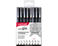 Uni Pin fineliner, étui de 8 pièces, noir, 0,03-0,1-0,3-0,5-0,7-0,9-1,2 et 1 brush