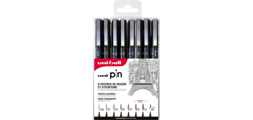 Uni Pin Fineliner, Etui mit 8 Stück, schwarz, 0,03-0,1-0,3-0,5-0,7-0,9-1,2 und 1 Pinsel.