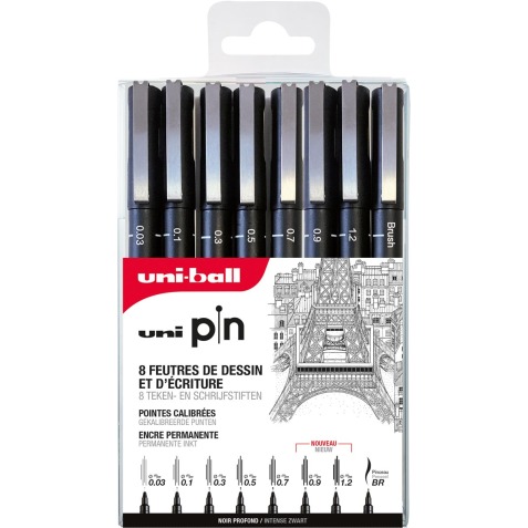 Uni Pin fineliner, étui de 8 pièces, noir, 0,03-0,1-0,3-0,5-0,7-0,9-1,2 et 1 brush