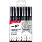 Uni Pin fineliner, etui van 8 stuks, zwart, 0,03-0,1-0,3-0,5-0,7-0,9-1,2 en 1 brush