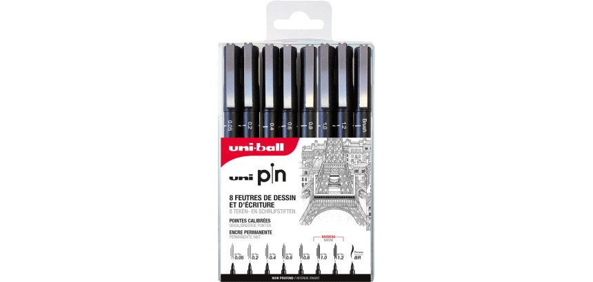 Uni Pin fineliner, étui de 8 pièces, noir, 0,05-0,2-0,4-0,6-0,8-1,0-1,2 et 1 brush