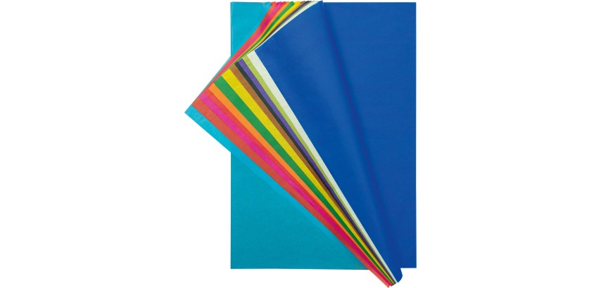Assorted color tissue paper sheets: dark blue, white, light green, violet, black, brown, yellow, v...