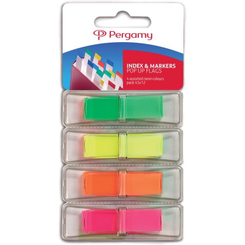 Pergamy index ft 45 x 12 mm, blister de 4 couleurs assorties neon, avec dispenseur