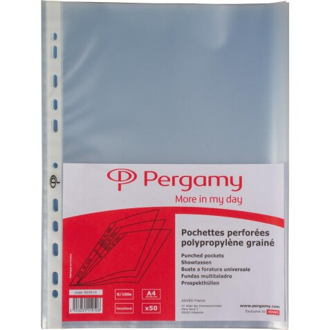 Pergamy pochette perforée, ft A4, perforation 11 trous, PP grainée de 80 micron, pacquet de 50 pièces