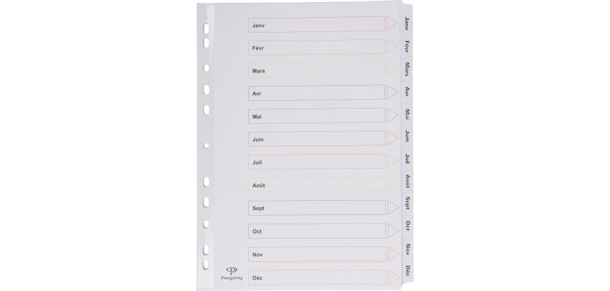 Pergamy tabbladen met indexblad, ft A4, 11-gaatsperforatie, janvier-décembre