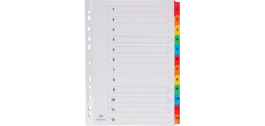 Pergamy intercalaires avec page de garde, ft A4, perforation 11 trous, couleurs assorties, set 1-12