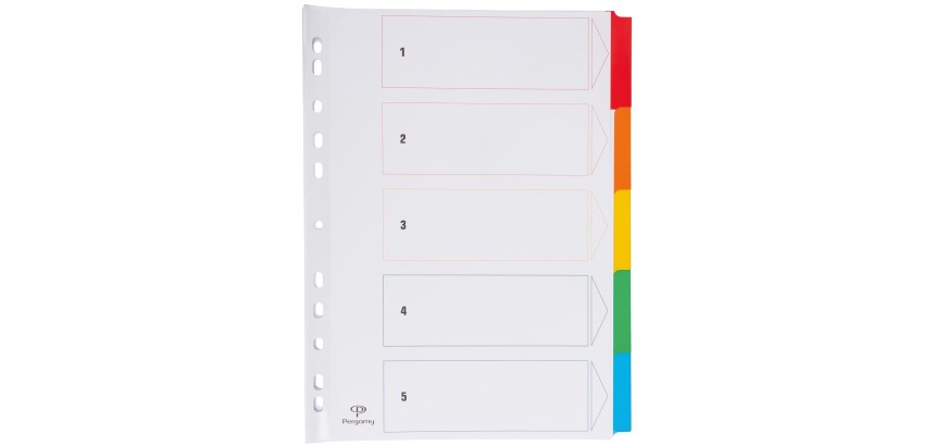 Pergamy intercalaires avec page de garde, ft A4, perforation 11 trous, couleurs assorties, 5 onglets