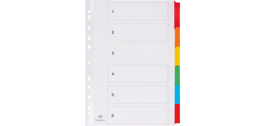 Pergamy intercalaires avec page de garde, ft A4, perforation 11 trous, couleurs assorties, 6 onglets